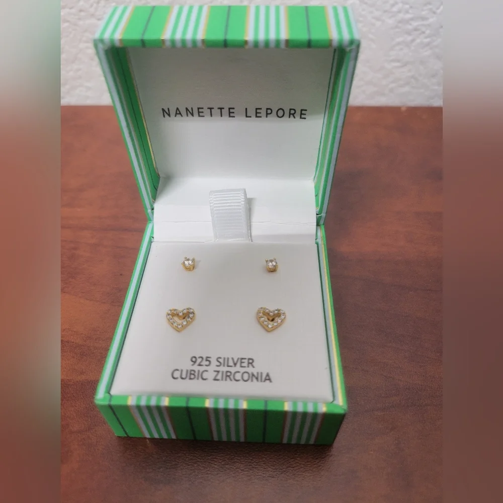 Nanette Lepore Silver Heart Stud Earrings with Cubic Zirconia NIB
